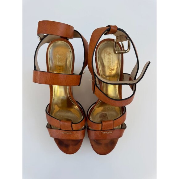 Coach Tan Leather Cork Wedge Sandals With Gold Details Size 8 - Picture 2 of 12